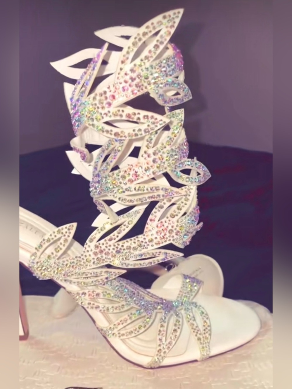 AKIRA White Crystal Leaf-Cut Gladiator Heels